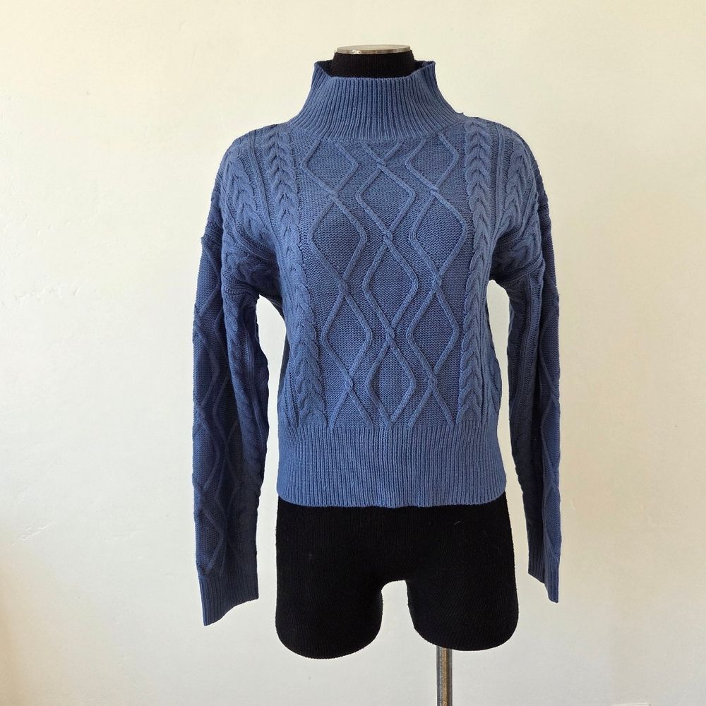 Blue Cable Knit Sweater Mock Neck Preppy Old Money Quiet Luxury Twee Medium